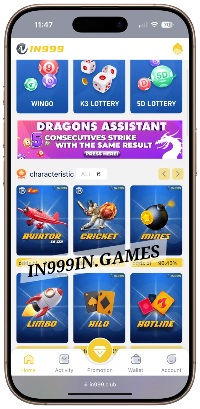 in999 types of games like wingo , k3 , trx etc.